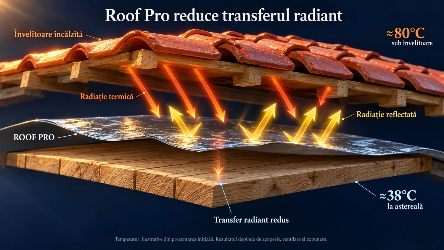 Roof Pro reduce transferul radiant: aproximativ 80 °C sub învelitoare și aproximativ 38 °C la astereală