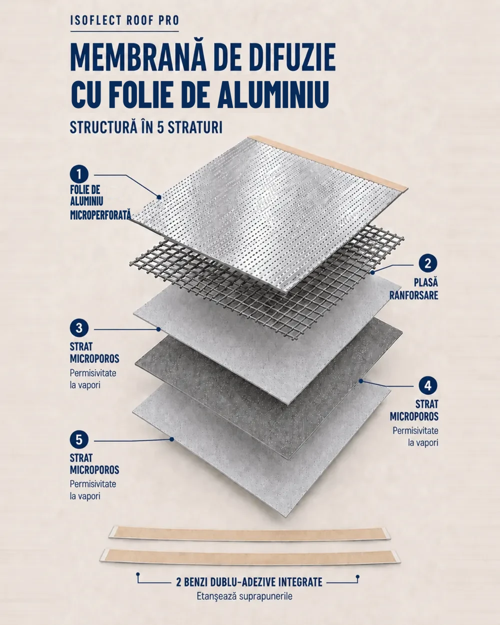 Structura Roof Pro în 5 straturi: folie de aluminiu microperforată, plasă de ranforsare, trei straturi microporoase și două benzi dublu-adezive
